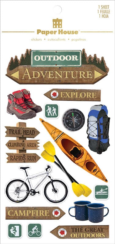 scrapbook stickers featuring photo real hiking boots, kayak, bicycle and gold detailed wooden signs, shown in package.