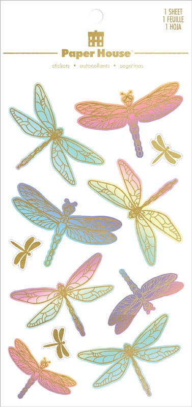 scrapbook stickers featuring pastel colored, illustrated dragonflies with gold details, shown in package.