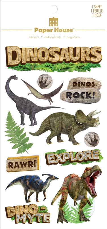 scrapbook stickers featuring illustrated dinosaurs shown in package.