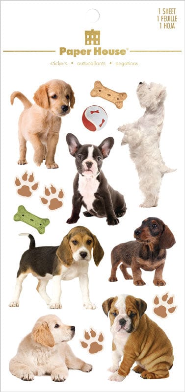 scrapbook stickers featuring an assortment of photo real puppies shown in package.