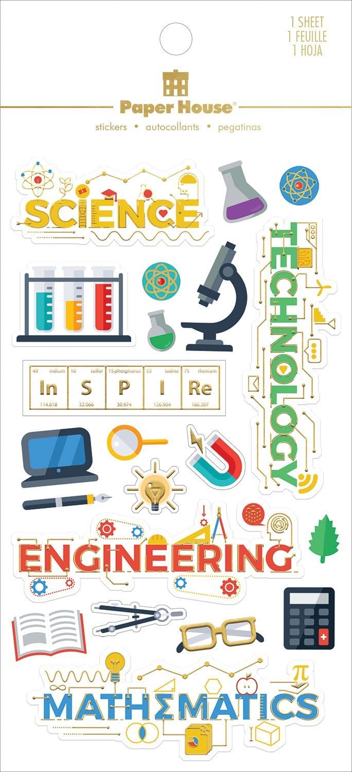 scrapbook stickers featuring science, technology, engineering and mathematics. This school sticker features gold foil and STEM symbols in red, yellow, green and blue. Shown in white package with gold foil letters.