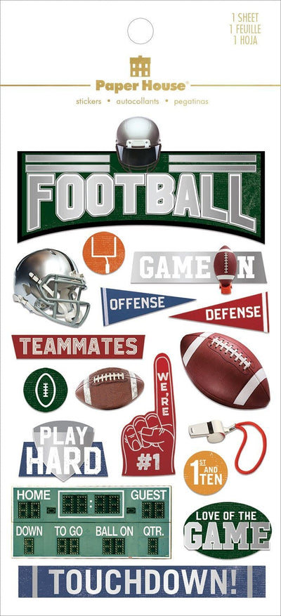 football themed scrapbook stickers featuring words, helmets, footballs and silver & red foil with green, red and blue details. Shown in white package with gold foil letters.