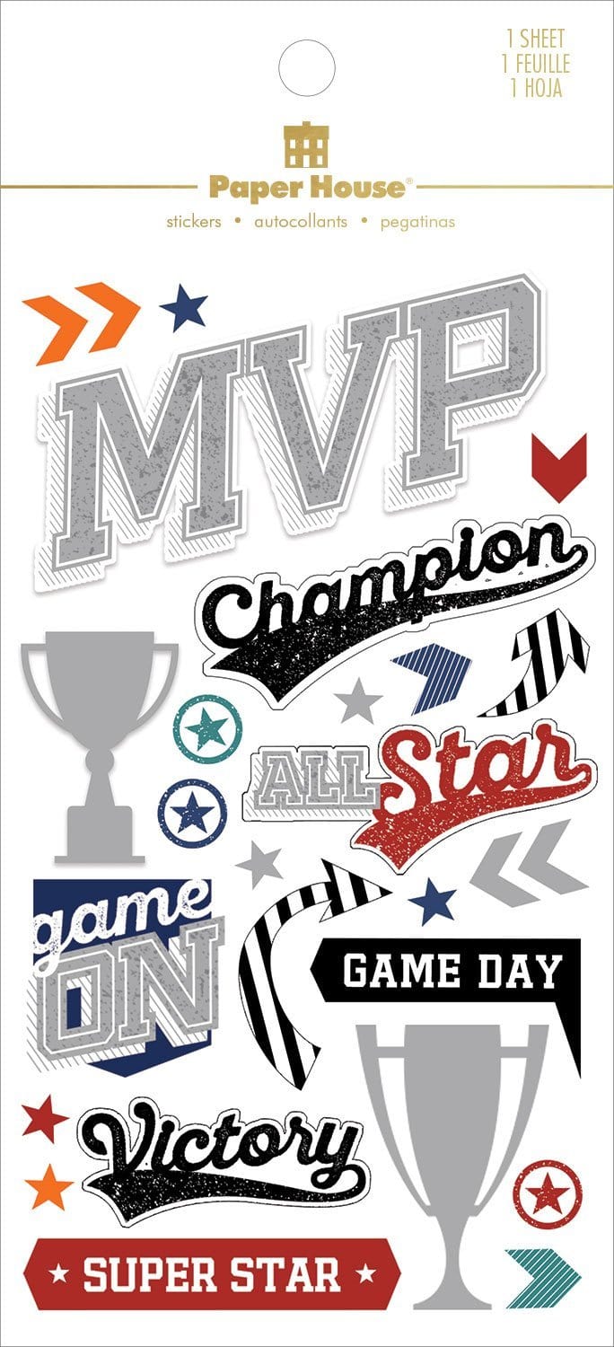 sports themes scrapbook stickers featuring "MVP" and "champion" words. Silver foil details and red, blue and black symbols. Shown in white package with gold foil letters.