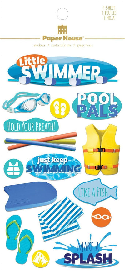 swimming themed scrapbook stickers featuring words, goggles, flip flops and pool noodles. Blue, yellow and orange with clear glitter and teal foil details. Shown in white package with gold foil letters.