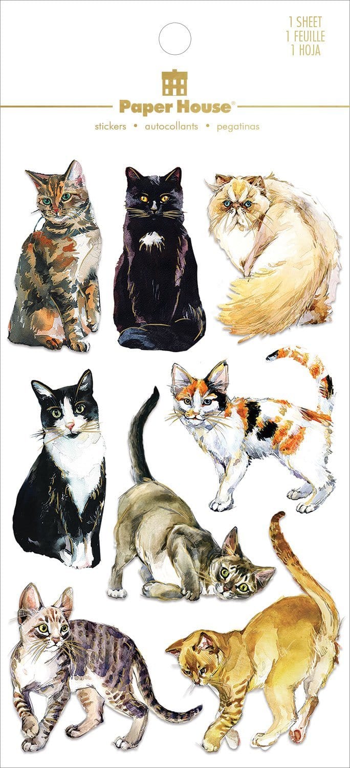 Cat scrapbook stickers featuring eight assorted cats with gold foil details. Shown in white package with gold foil letters.
