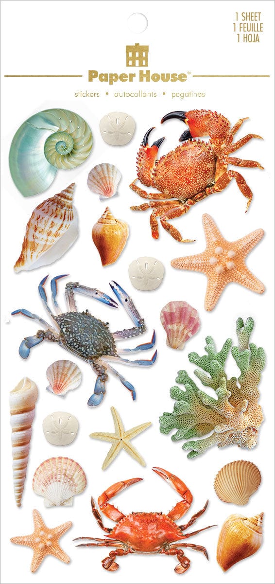 An assortment of 3D scrapbook stickers featuring a variety of photoreal sea shells, starfish, crabs, and coral