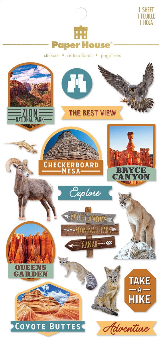 Assortment of scrapbook stickers featuring animals and scenes from US national parks. 