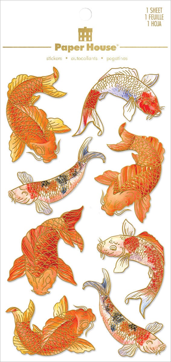 scrapbook stickers featuring orange and gold koi fish in packaging on white background.