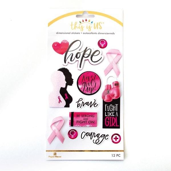 3D scrapbook stickers featuring pink breast cancer awareness ribbons and inspirational words shown in package.