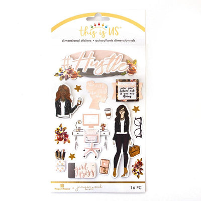 3D scrapbook stickers featuring illustrations of girl boss including eyeglasses and florals shown in package.