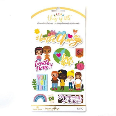 3D scrapbook stickers featuring illustrations of a diverse group of women  with gold details shown in package.