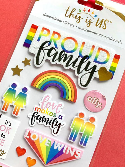 3D scrapbook stickers featuring rainbows, hearts and sentiments of family shown on red background.