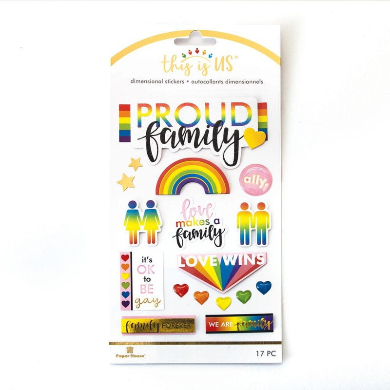 3D scrapbook stickers featuring rainbows, hearts and family sentiments shown in package.
