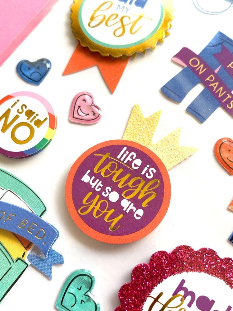 close up of 3D scrapbook stickers featuring colorful self care sentiments