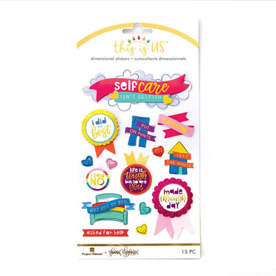 3D scrapbook stickers featuring colorful self care sentiments and illustrations shown in packaging.
