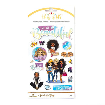 3D scrapbook stickers featuring illustrations of a diverse group of women shown in package.