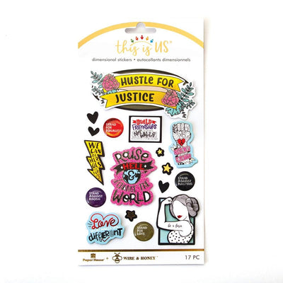 3D scrapbook stickers featuring Hustle for Justice sentiments and colorful illustrations shown in package.