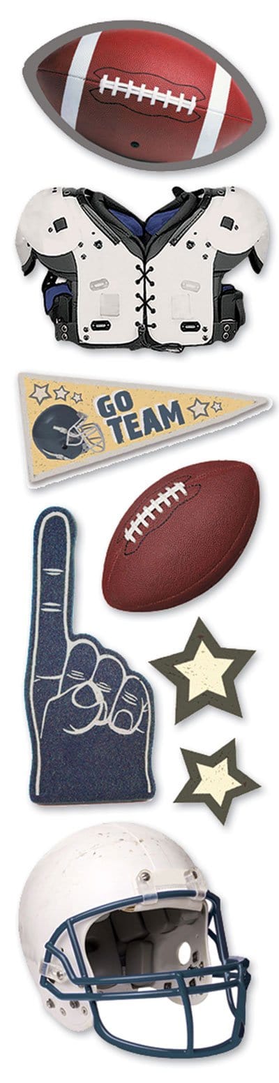 3D scrapbook sticker featuring footballs, helmets and equipment shown on a white background.