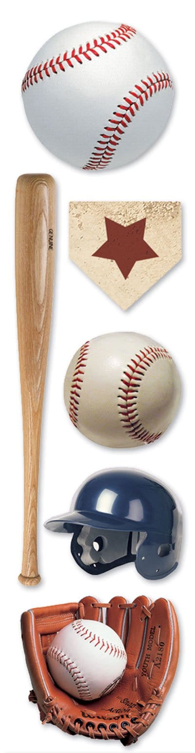3D scrapbook stickers featuring photo real baseballs, a bat and a helmet shown on a white background.