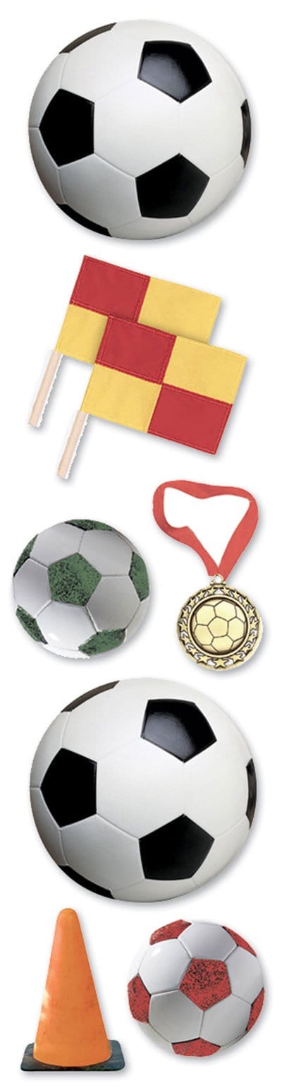 3D scrapbook stickers featuring soccer balls, flags and a medal shown on a white background.