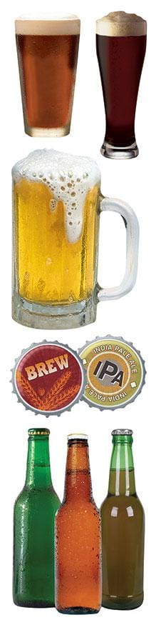 3D scrapbook stickers featuring photo real glasses and bottles of beer shown on a white background.
