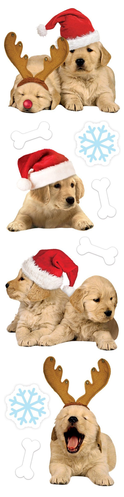 3D scrapbook stickers featuring photo real golden puppies in santa hats shown on white background.
