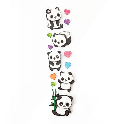 3D scrapbook stickers featuring black and white illustrated pandas with colorful hearts shown on white background.