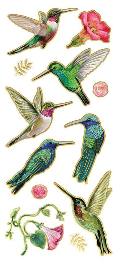 foil stickers featuring colorful hummingbirds with gold details, shown on white background.