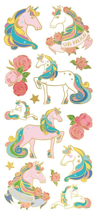 foil stickers featuring illustrated unicorns and flowers with gold details, shown on white background.
