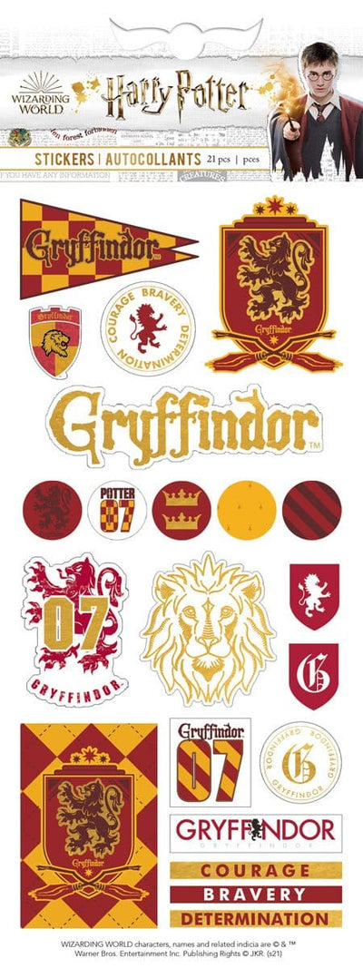Harry Potter foil stickers shown in packaging featuring Harry Potter Gryffindor House illustrations with gold and red details.