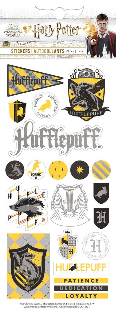 Harry Potter foil stickers shown in packaging featuring Harry Potter Hufflepuff House illustrations with silver, black and yellow details.