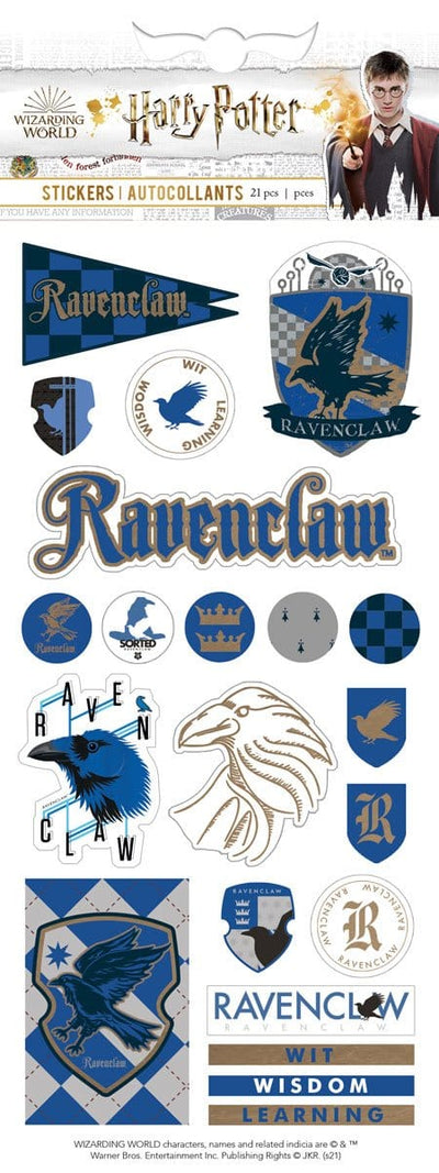 Harry Potter foil stickers shown in packaging featuring Harry Potter Ravenclaw House illustrations with silver and blue details.