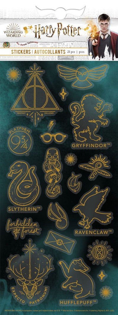 harry potter stickers featuring various symbols such as the 4 houses and  harry's glasses. Shown in gold on a teal background in package.