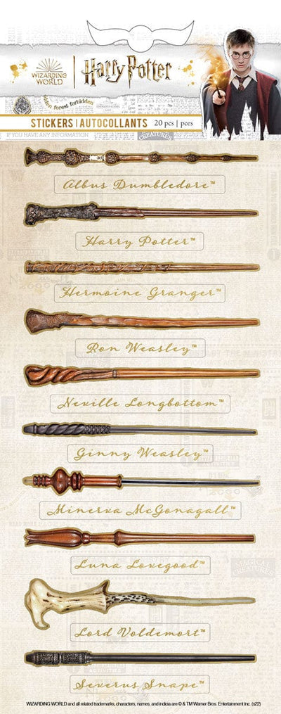 Harry Potter stickers featuring 10 wands and their names shown in package.