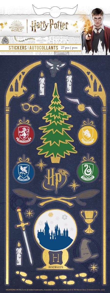 harry potter stickers featuring Christmas at Hogwarts with symbols and a christmas tree and gold details shown in package.