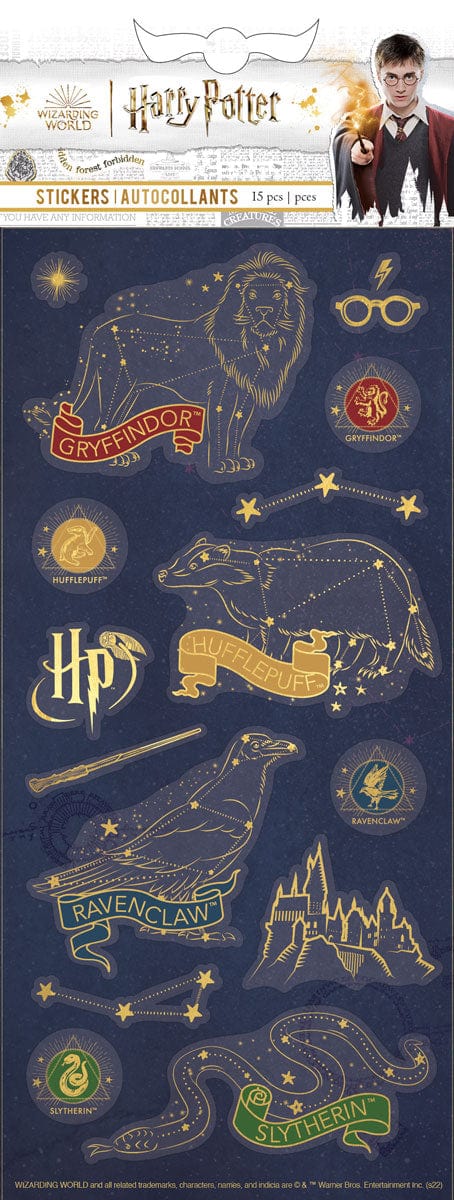 Harry Potter stickers featuring the house constellations in gold foil on a navy background shown in packaging.