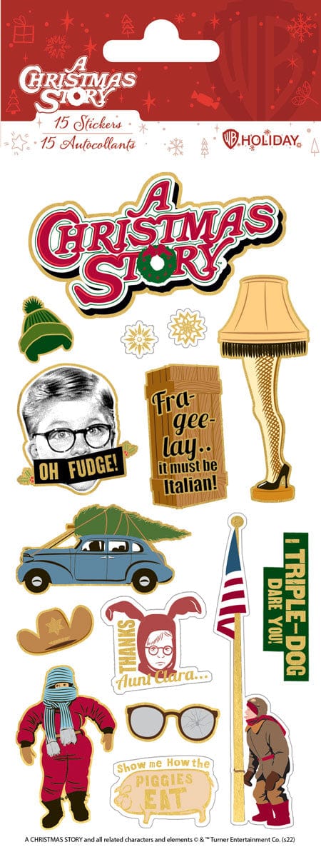 foil stickers featuring "A Christmas Story" scenes illustrated and embellished in gold foil, shown in package.