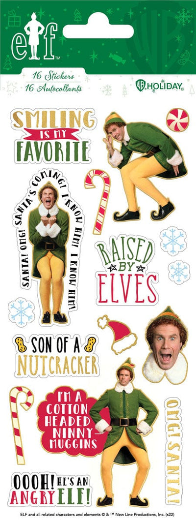foil stickers featuring Buddy, the Elf photos and his quotes, shown in packaging. 