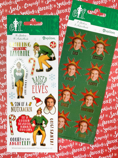 Craft kit featuring 2 packages of stickers of characters and scenes from the movie Elf, shown on a red and white scrapbook paper.