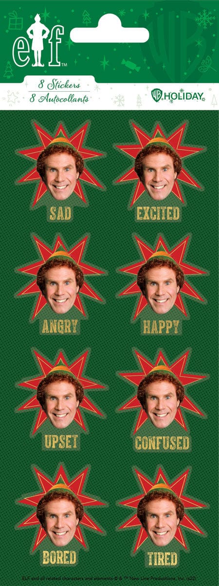 foil stickers featuring 8 Buddy the Elf portraits with his emotions in gold letters, shown on green in package.