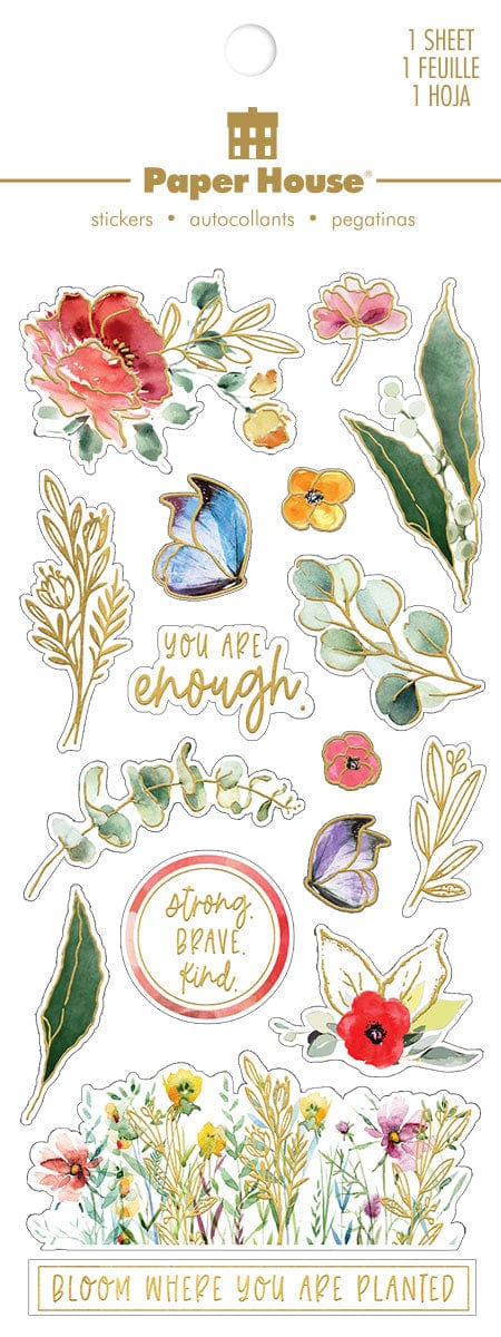 foil stickers featuring watercolor florals and leaves with gold foil accents, shown in package.