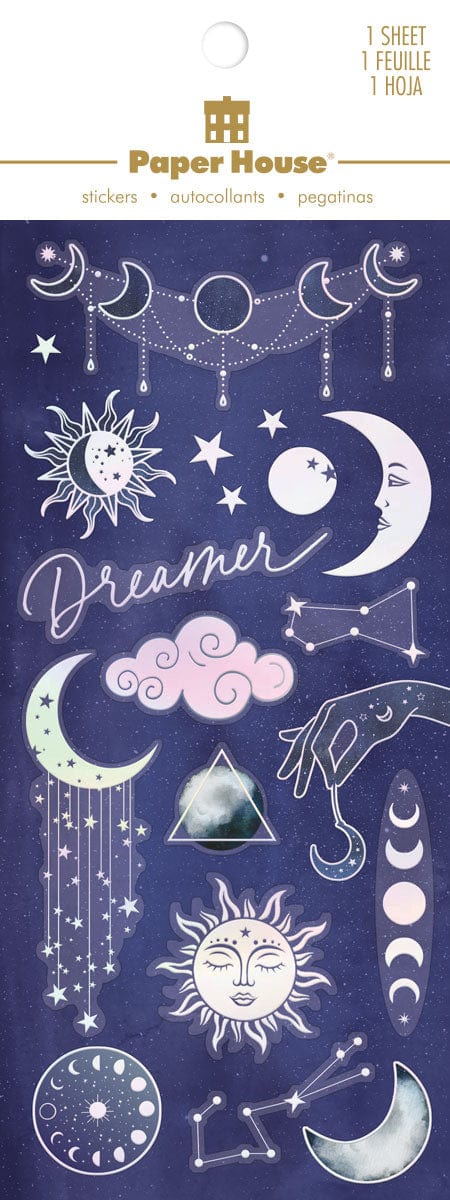 foil stickers featuring holographic illustrations of the sun, the moon and the stars, shown in package.