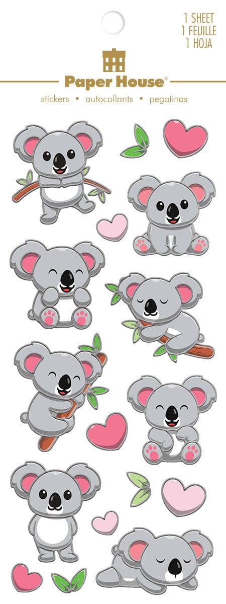 foil stickers featuring illustrated koala bears with silver details and pink hearts, shown in package.