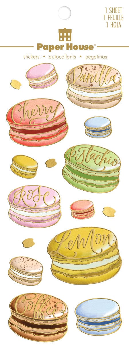 foill stickers featuring illustrated macaroons, shown in package.
