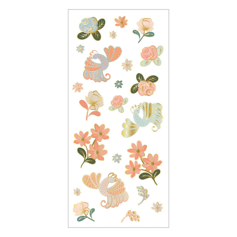 foil stickers featuring illustrated pastel florals and dancing birds with gold details shown on white background.