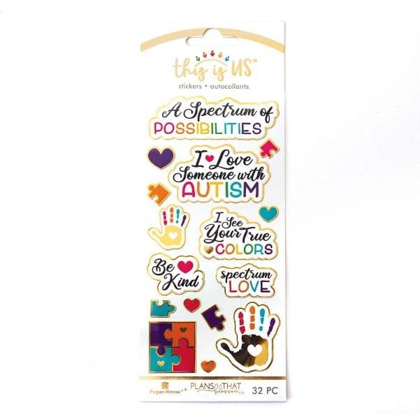 foil stickers featuring an Autism theme with colorful, illustrated handprints, puzzle pieces and words of encouragement, shown in package on white background.
