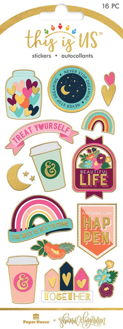 foil stickers featuring colorful illustrations of rainbows, hearts and florals with inspirational sentiments and gold details, shown in package.