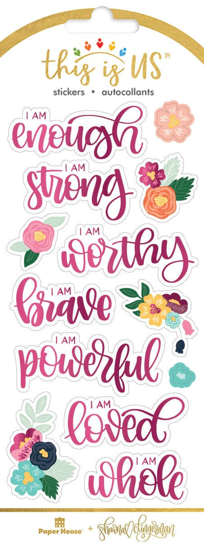foil stickers featuring positive affirmations in script magenta foil with colorful florals, shown in packaging.