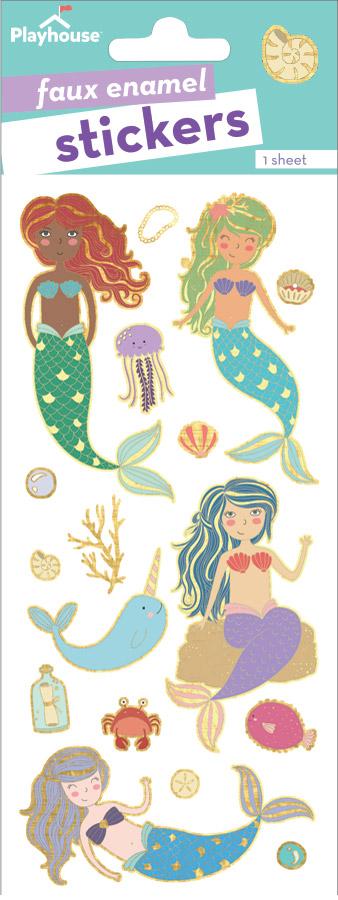 foil stickers featuring colorful, illustrated mermaids with gold details, shown in package.