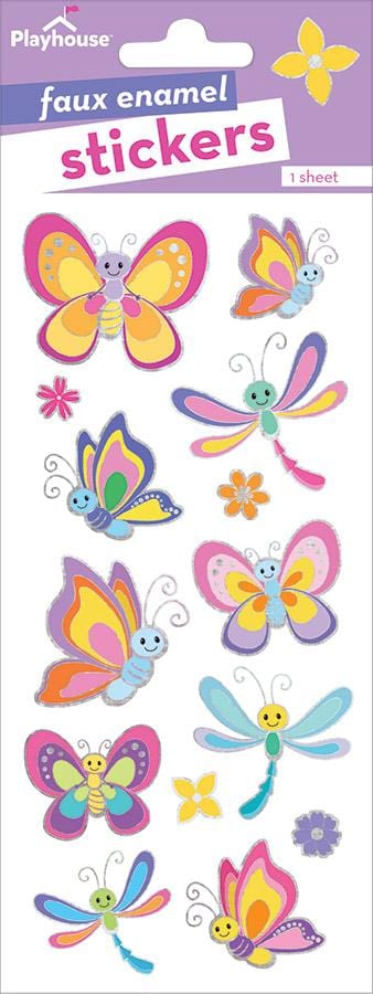 foil stickers featuring colorful, illustrated butterflies and dragonflies with silver foil accents, shown in package.